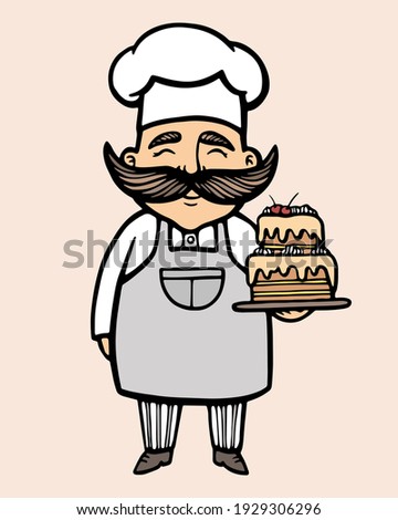 Bakery. Hand drawn vector illustration of chef-cooker with a mustache and cake. chef cake logo. Confectionery logo