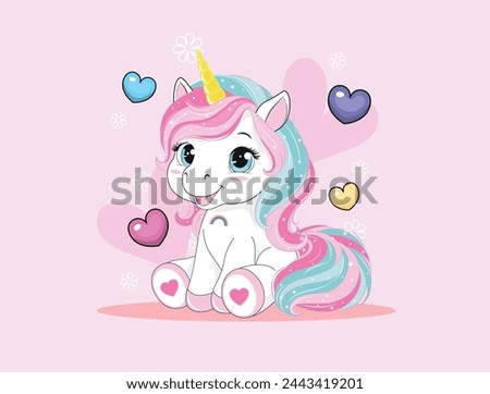 Cheerful magical unicorn cartoon character with rainbow shape and tail. Vector illustration isolated on a white background. For print, design, poster, sticker, card, decoration, children's clothing