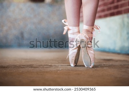 Similar – Image, Stock Photo Ballerina standing on tiptoe classical position outside