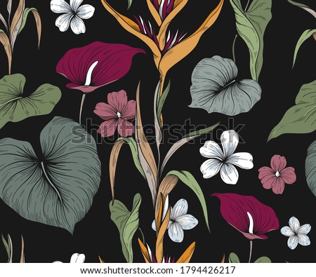 Colorful seamless pattern with exotic flowers and leaves. Dark background
 Zdjęcia stock © 