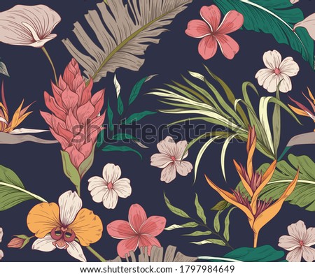 Seamless pattern. Tropical flowers and leaves. Dark background. Trendy colors Zdjęcia stock © 