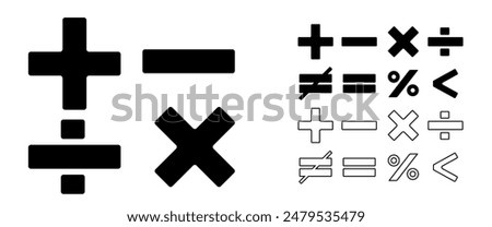 Math symbol icons, Calculator graphic, Education illustraton, Outline, Plus, Minus, Multiply, Divide, Black color(Edithable)