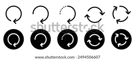 Refresh, reset or restart vector icon set. update button. reload, replay, repeat, redo, rotate web symbol collection.