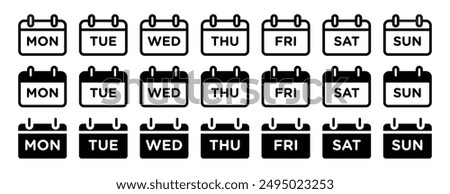 weekend calendar icon set. everyday or daily calendar sign. Monday, Tuesday, Wednesday, Thursday, Friday, Saturday, and Sunday. Mon, Tue, Wed, Thu, Fri, Sat, and Sun.