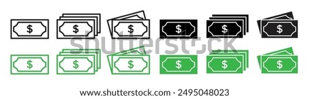 Bank Note icon set. Dollar money vector symbol. Banknote stack sign in black and green color