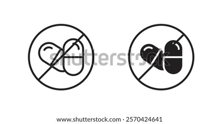 No drugs sign vectors set in black. line and flat versions