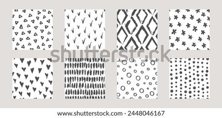 Set of seamless patterns with simple hand drawn elements. Collection of monochrome backgrounds. Endless texture can be used for wallpaper, pattern fills, web page background. Vector