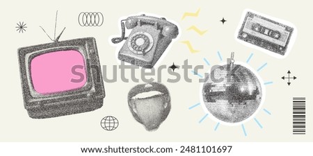 Set of retro elements with photocopy effect Y2K. Pop art design. Old TV, telephone, disco ball, tape cassette, mouth with tongue. Vector illustration for T-shirt prints, collage design, banner