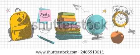 Set of school elements with retro photocopy effect Y2K and doodles. Backpack, pencil, stack of books, globe, alarm clock, apple and more. Pop art design. Vector illustration for collage designs, banne