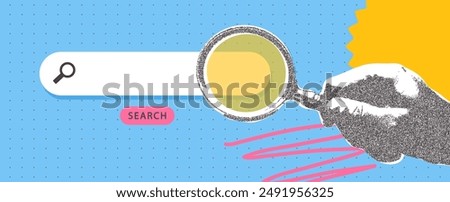 Halftone hand holds a magnifying glass over white search bar with magnifying glass icon. Modern collage, online search. Vector illustration