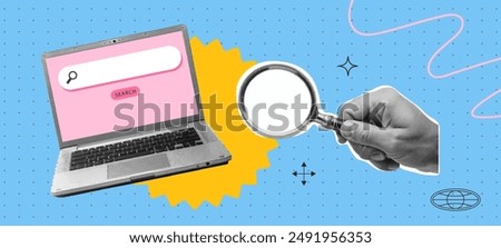 Halftone hand holds magnifying glass, search bar with magnifying glass icon in the laptop. Modern collage, online search. Vector illustration