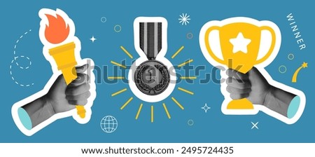 Retro Collage with halftone hands, champion's cup, medal, Olympic flame. Modern vector illustrations. Set of fashionable design elements for banners, posters and more.