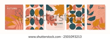 Set of Autumn cards with fall leaves and geometric shapes. Modern autumn poster in warm colors with grainy texture. Autumn background, web banner or flyer design. Template for advertising, printing, p