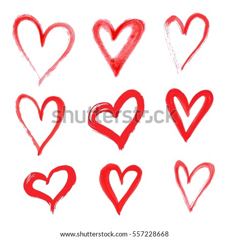 Drawing with a brush in the shape of heart. Set of love symbols on white background, vector illustration. Vector hearts set. Hand drawn