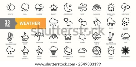 A collection of 33 weather-themed icons showcasing various atmospheric conditions, including sunny, rain, snow, thunderstorms, tornado, fog, and eclipse, in a modern line-art style