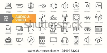 A collection of 33 audio and video icons showcasing tools and media concepts like cameras, microphones, speakers, waveforms, music, albums, and video files in line-art style