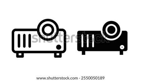 Multimedia projector Icon set in black filled and line.