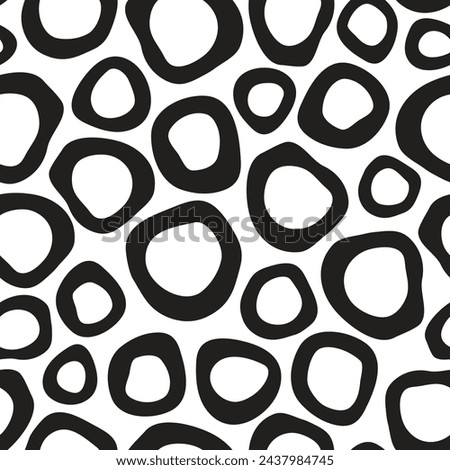 Black organic bold unregular skewed differently sized shaped rings on white background. Hand drawn black outlined circles vector seamless pattern.