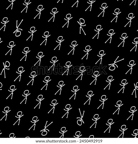 Endless stick man black and white illustration. White outlined stick men arranged in diagonal rows against black background vector seamless pattern. High contrast sharp monochrome surface art.