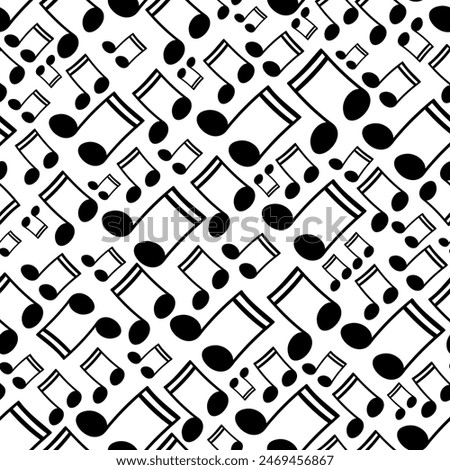 Beam music notes tilted diagonally and arranged in vector seamless pattern. Surface art texture in black and white for use in fabric or graphic design or printing on various surfaces.