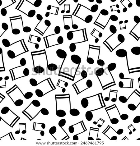 Beam music notes floating over white background. Vector seamless pattern in black and white for use in fabric or graphic design or printing on various surfaces.