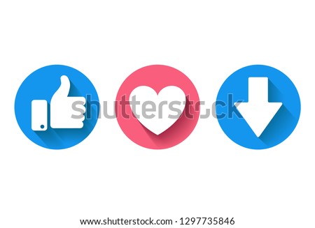 Thumbs up,  heart icon and  new downvote icon on a white background. Facebook like, facebook icon, social media icon, empathetic emoji reactions