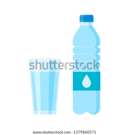Glass and Bottle of water isolated vector illustration on white background.