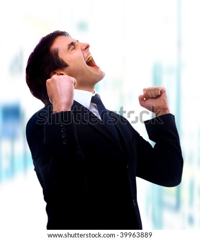 Excited mature business man screaming in victory on white background