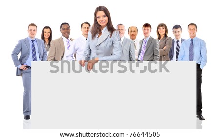 group of business people holding a banner ad isolated on white