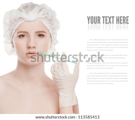Cosmetic botox injection in the female face. Lips and cheek zone. Isolated on white