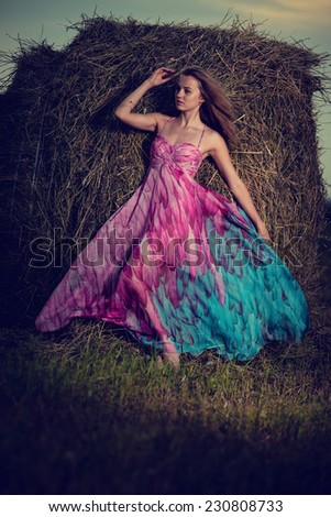 Young lady standing in evening field. Beautiful woman posing at the old rural farm location. Outdoor summer portrait of pretty fashion style woman in colored dress over haystack.