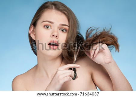 Close up portrait of young emotional woman that cut perfect hair end
