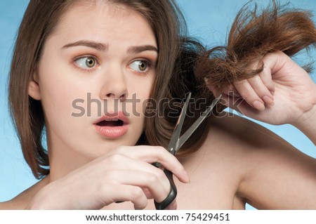 Close up portrait of young emotional woman that cut perfect hair end