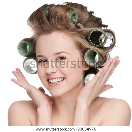 Beautiful Woman Curling Her Hair With Roller Stock Photo 80034976 ...