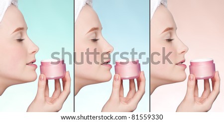 Close-up portrait of young adult woman with perfect health skin of face. Collage