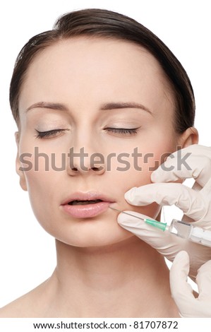 Cosmetic injection in the female face. Lips zone, Isolated