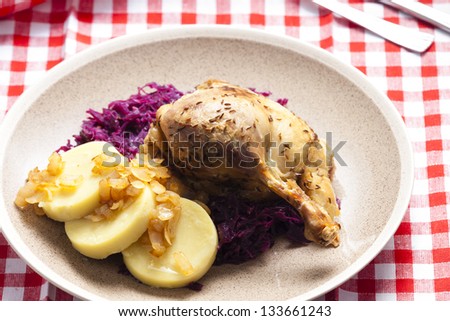 duck meat with potato dumlings and red cabbage