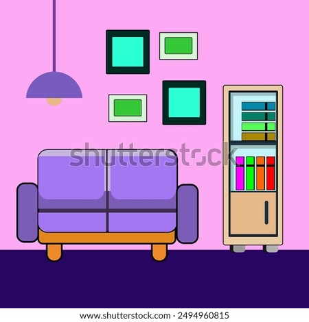 The walls are a light pink color and the floor is a dark blue. There is a purple sofa in the center of the room with a coffee table in front of it  To the right of the sofa is a wooden bookshelf fille