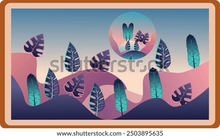 rolling hills in shades of pink and purple create a sense of depth  Scattered across the hills are various stylized leaves in shades of green and blue adding a touch of nature to the scene