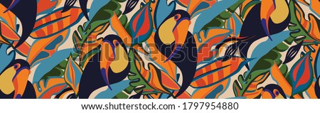 seamless textile trendy vector pattern with toucans on a branch in tropical nature in exotic with tropical leaves abstract painting