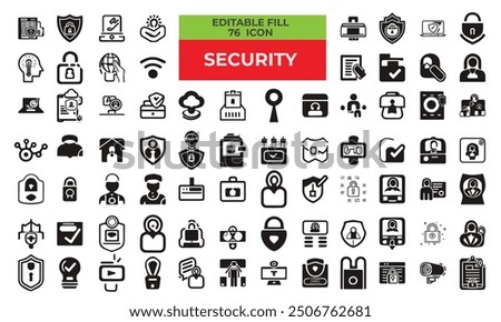 Set of 76 fill editable icons related to security. Safety, security, protection icons. For website marketing design, logo, app, template, etc. Vector illustration.