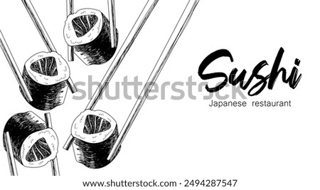 Japanese food. Vector illustration of sushi and sushi chopsticks. Sushi banner for restaurant.