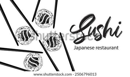 Sushi vector illustration. Banner for Japanese food restaurant. Black and white style.