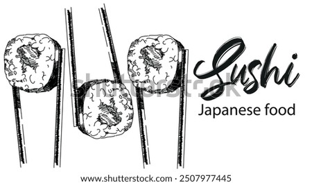 Japanese food. Vector illustration of sushi and sushi chopsticks. Sushi banner for restaurant. Black and white style.