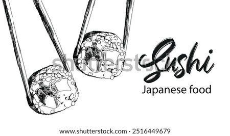 Japanese food. Vector illustration of sushi and sushi chopsticks. Sushi banner for restaurant. Black and white style.