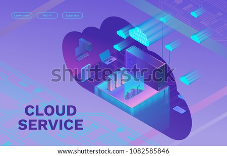 Cloud data storage 3d isometric infographic illustration, landing page layout, vector web template, smart modern technolodgy concept with gadgets, smartphone, laptop, ultra violet colors