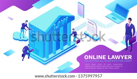 Online lawyer service isometric infographic 3d flat illustration, advocate collecting data, cloud  judicial service, digital technolodgy concept, court building, computer, laptop, people, web banner