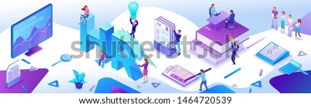HR department isometric horizontal banner template, Recruitment agency, 3d employer hiring talent personnel, candidates search work via mobile app, office business people, vector illustration