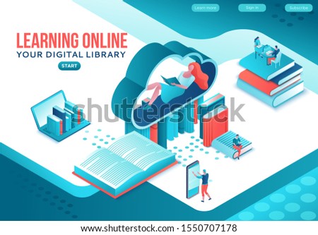 Library online isometric landing page, digital education concept, people read book on laptop, study dictionary at university, cloud computing, information database, website template design