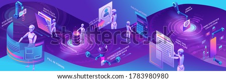 Robotic process automation horizontal banner with robots working with data, arms moving files, extracting information from websites, digital technology service, 3d isometric vector illustration